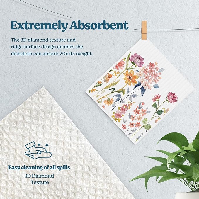 Swedish Dishcloths for Kitchen, Summer Flower Dish Rags Floral Kitchen Dish Towels for Washing Dishes, 4 Pack Reusable Paper Towels, Sponge Cloths for Home Cleaning Cooking Baking