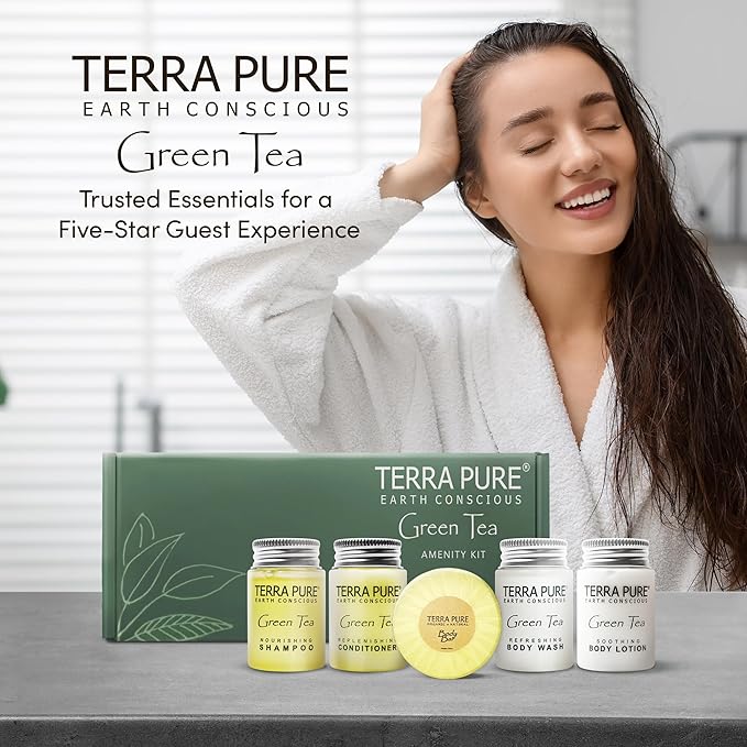 Terra Pure Green Tea Amenity Kit | Boxed Hotel Bulk Toiletries | 1 oz Shampoo, Conditioner, Lotion, Body Wash, Body Bar Soap for Guest Hospitality Vacation Rentals | 1 Set/Case