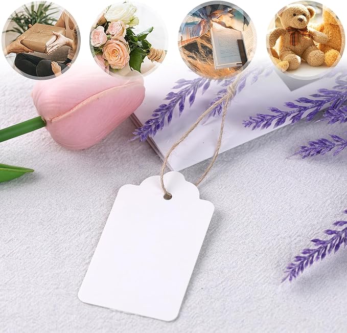 SallyFashion 120pcs Gift Tags with String Attached, 1.6 x 2.8 inch White Paper Tags Hanging for Clothes DIY Crafts Wedding Holiday