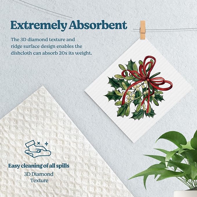 Swedish Dishcloths for Kitchen, Christmas Xmas Tree Green Dish Rags Winter Kitchen Dish Towels for Washing Dishes, 4 Pack Reusable Paper Towels, Sponge Cloths for Home Cleaning Baking Cooking