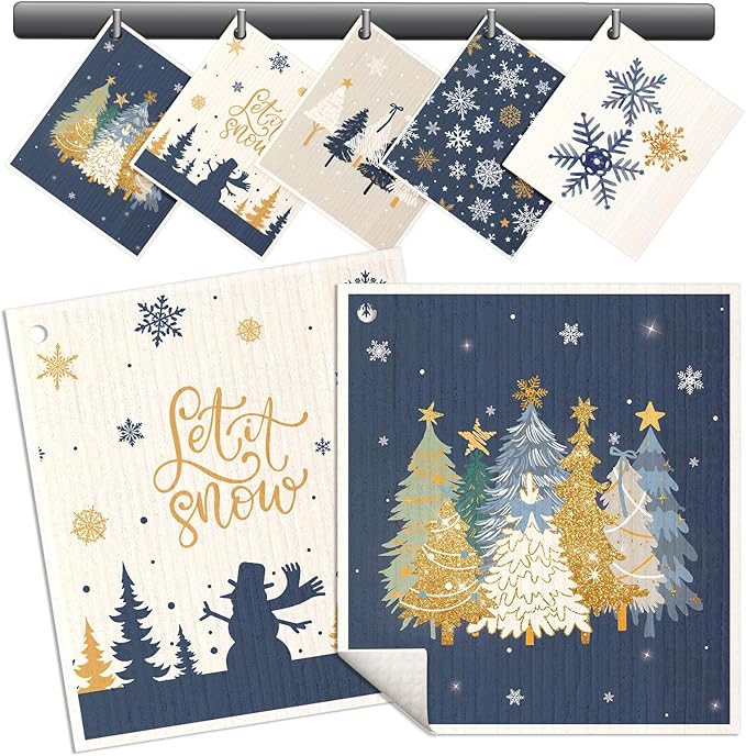 Christmas Swedish Dishcloths for Kitchen - 5 Pack Reusable Dish Cloths for Washing Dishes Absorbent Cute Winter Theme Kitchen Towels Cleaning Sponge, Blue Xmas Theme