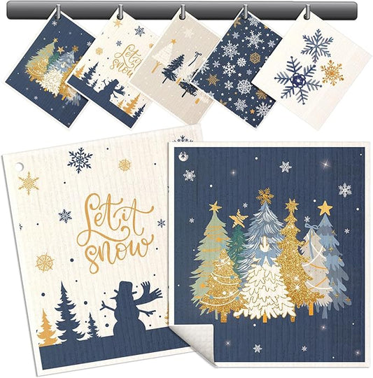 Christmas Swedish Dishcloths for Kitchen - 5 Pack Reusable Dish Cloths for Washing Dishes Absorbent Cute Winter Theme Kitchen Towels Cleaning Sponge, Blue Xmas Theme