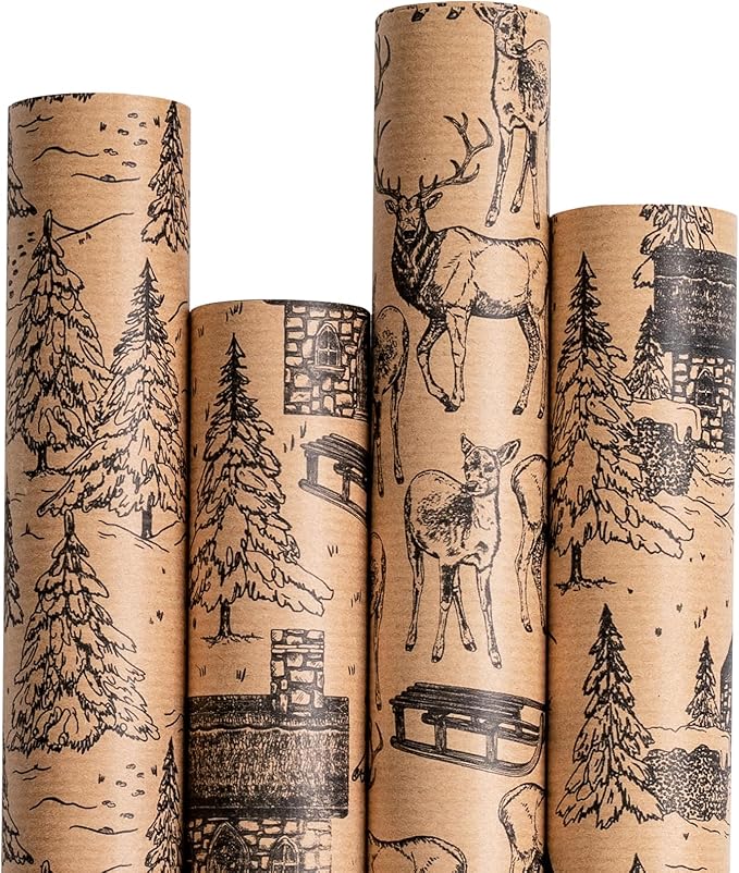 RUSPEPA Christmas Wrapping Paper - Black Sketch Design - 4 Rolls - 30 Inches x 10 Feet Per Roll