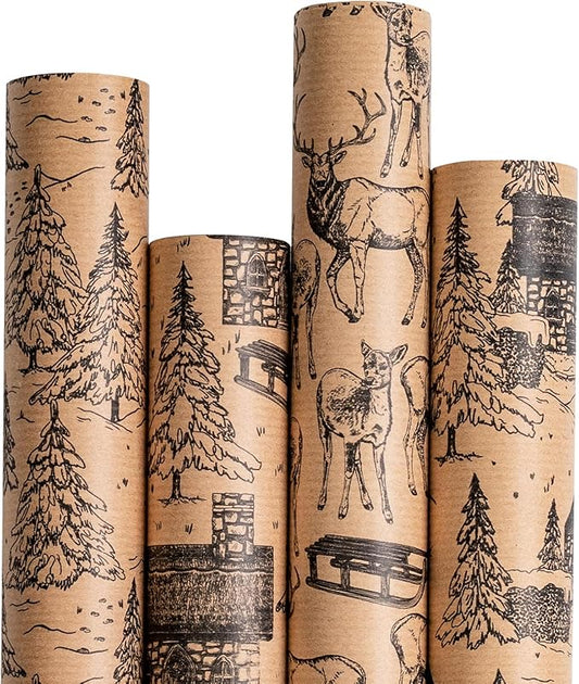 RUSPEPA Christmas Wrapping Paper - Black Sketch Design - 4 Rolls - 30 Inches x 10 Feet Per Roll