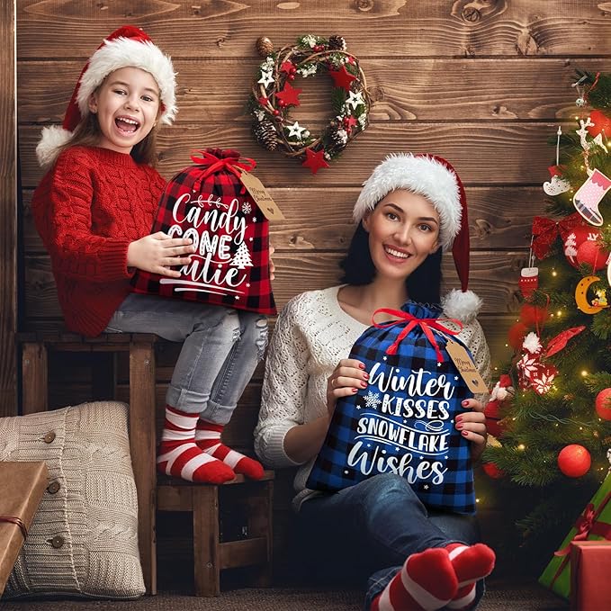16 PCS Christmas Drawstring Gift Bags with Tags, Buffalo Plaid Large Xmas Gift Bags Assorted Sizes Bulk, Cotton Fabric Holiday Gift Bag Jumbo Medium Small Xmas Wrapping Bag for Presents Party Favors