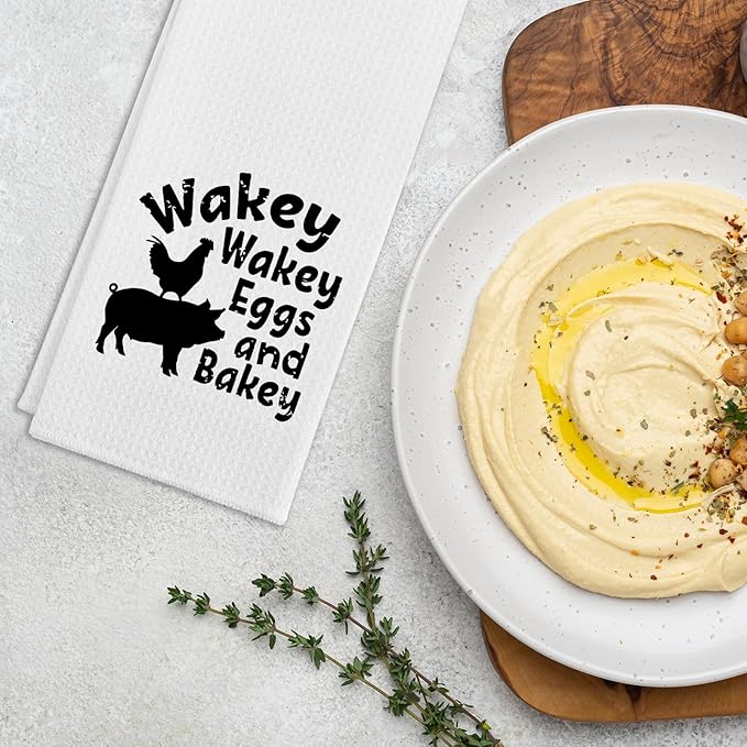Funny Kitchen Towels Wakey Wakey Eggs and Bakey Dishcloth Humor Sayings Soft Towels Gifts for Hostess Housewife Chef Funny Birthday Gifts for Women Men Family Sister Friend