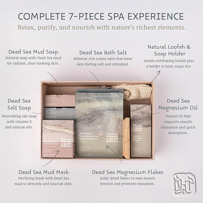 Dead Sea Gift Box - 7 Piece Wellness Collection with Bath Salts, Magnesium Bath Flakes, Magnesium Oil, Mud Mask, Salt Soap, & Mud Soap - Elegant Gift for Women, Men, & Special Occasions