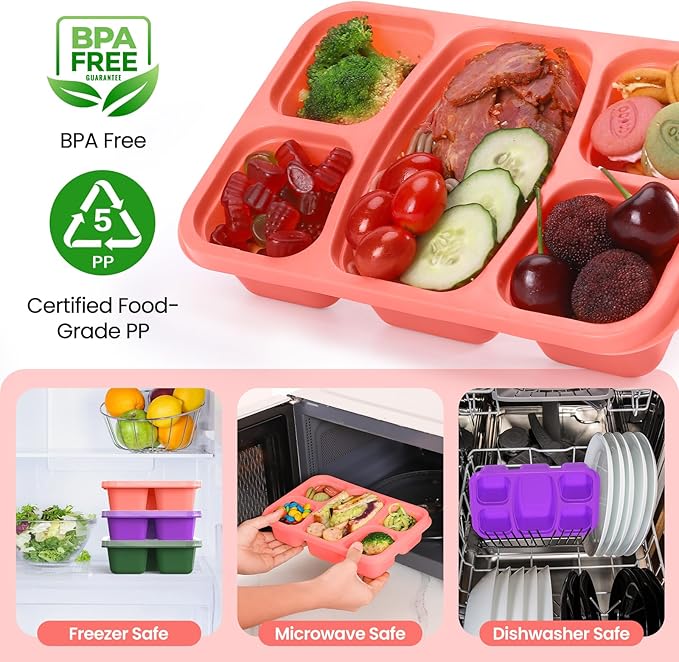 Bento Boxes Adult Lunch Containers 4 Pack, 5 Compartment Reusable Lunchable Containers for Kids, Stackable Snack Box With XXL Space for Sandwiches,Meal Prep for School