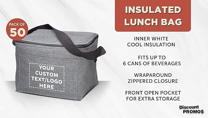 Custom Insulated Cooler Lunch Bag Set of 50, Personalized Bulk Pack - Perfect for Work, Travel, Outdoor Events - Grey