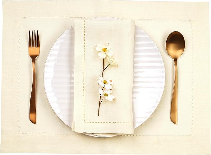 D'Moksha Homes Cream Linen Cloth Placemats Set of 4-100% Pure Linen Hemstitch Placemats 14 x 19 Inch - Classic Hemstitch Table Place Mats for Christmas, Holiday - Handcrafted and Machine Washable
