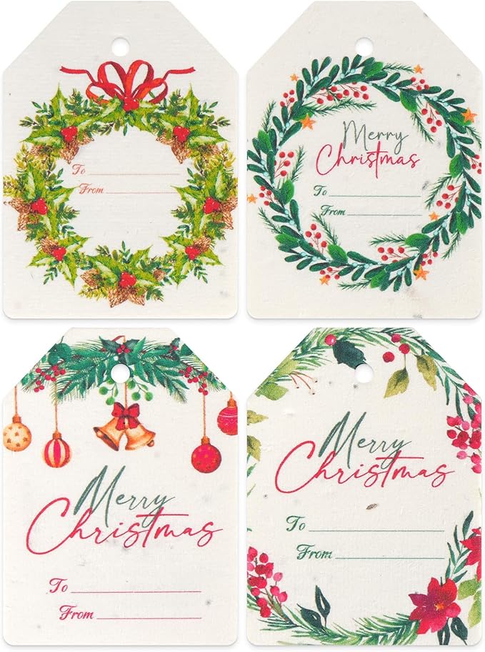 Christmas Plantable Gift Tags with Wildflower Seeds – Writable, Plantable Merry Christmas Tags, 4 Festive & Ornament Designs, Perfect for Holiday Gifts, Family & Friends (24 Tags (6 per Design)