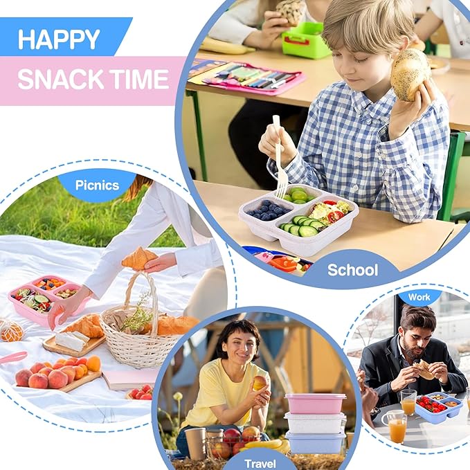 Bento Box [Portion Size], 3 Pack Snack Containers with 3 Compartments for Meal Prep & On-the-Go [School, Travel], Lunchable Container Reusable and BPA-Free