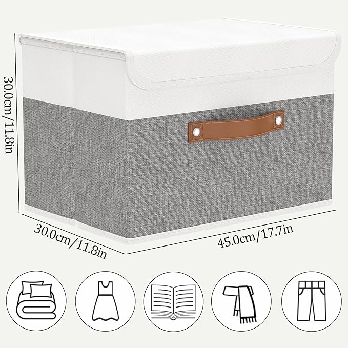 OUTBROS Large Fabric Storage Box with Lids, Foldable Linen Wardrobe Containers, Organiser For Towels, Clothes, 17.7 x 11.8 x 11.8 inch (White/Grey, 1-Pack)