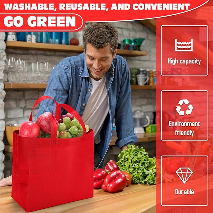 Windyun Reusable Grocery Bags Large Non Woven Shopping Bags with Handles Foldable Portable Tote Bulk, 12.6 x 11.8 x 6.3 Inch