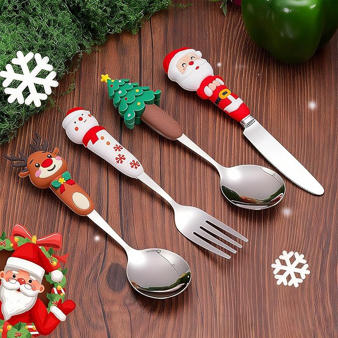 Christmas Utensil Set | Reusable Portable Cutlery Set | Stainless Steel Knife Fork Spoons Gift Box | Includes Themed Utensils (Tree/Santa/Deer/Snowman) | Ideal Christmas Gift