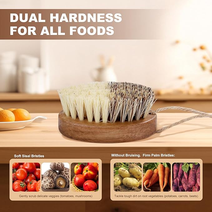 2 Pack Wooden Vegetable Brush Scrubber for Food - Dual Bristle Potato Brush Scrubber with Hanging Rope | Natural Compostable Kitchen Vegetable Scrubber for Potatoes, Carrots, Fruits