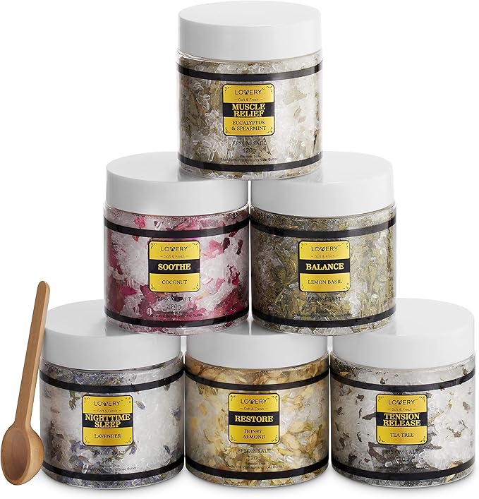 Bath Salts Christmas Gift Set with Lavender, Arabica Coffee, Mango, Sugar, Himalayan & Coconut, 6pc Bath Soaks, Relaxing Spa Salt with Essential Oils, Vitamin E, Jojoba Oil, Shea Butter, Fresh Herbs