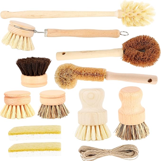12 Pcs Bamboo Dish Brush Set with 65 Ft Hemp Rope Wooden Palm Pot Brush Natural Scrubbers Brushes Sisal Bristles for Pans, Bottle, Sink Kitchen Cleaning