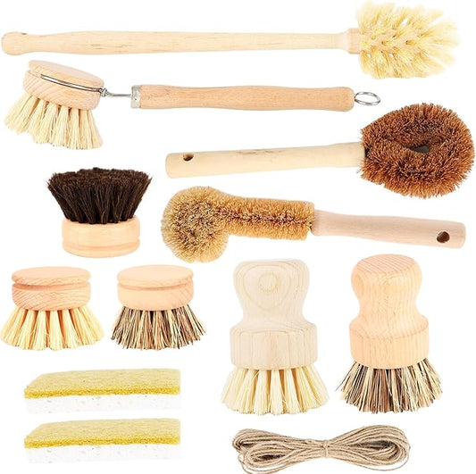 12 Pcs Bamboo Dish Brush Set with 65 Ft Hemp Rope Wooden Palm Pot Brush Natural Scrubbers Brushes Sisal Bristles for Pans, Bottle, Sink Kitchen Cleaning