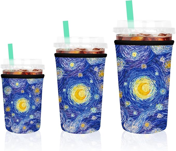 3 Pack Iced Coffee Sleeve, Reusable Insulated Neoprene Cup Sleeve for Cold & Hot Drinks Beverages, Cup Holder for 16-32oz Coffee Cups, Starry Night