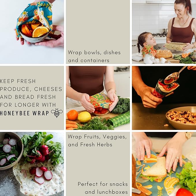 Honeybee Reusable Beeswax Wraps for Food | 5 Pack | Handmade in Australia | Eco Friendly, Organic, Biodegradable, Bee's Wrap for Bowl Covers and Food Storage | Reusable Cling Wrap