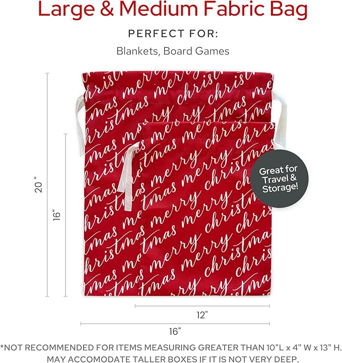 Gather & Knot Drawstring Christmas Gift Bags | 20" Large 16" Medium | Premium Canvas | Reusable Fabric Wrap for Holidays | Mix & Match | Red Merry Christmas