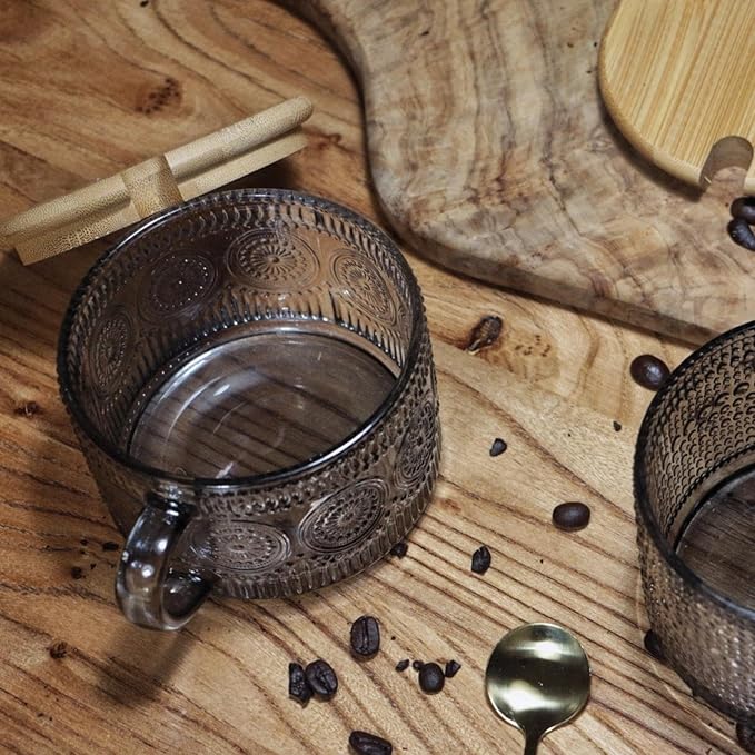 Vintage Glass Coffee Mugs, 14 Oz Set of 2 Embossed Glassware Tea Cups for Breakfast, Dessert, Cappuccino, Latte, Cereal, Yogurt, Beverage Gift