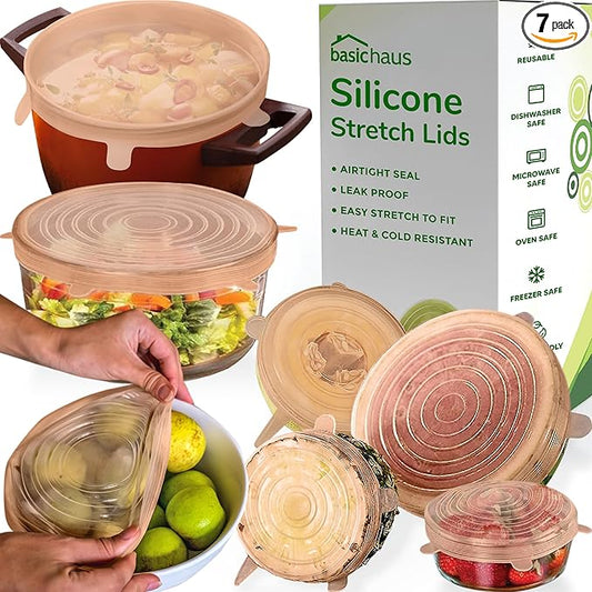 Reusable Silicone Stretch Lids for Food Storage in Fridge - Elastic Heat-Resistant Bowl Covers, Cups, Cans, Jars - Universal Food Grade Lid for Round and Rectangle Containers -7 Pack - Peach Glow
