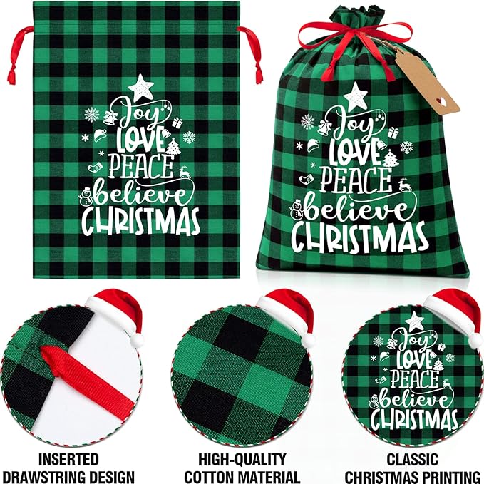 10 PCS Christmas Drawstring Gift Bags with Tags, Buffalo Plaid Xmas Gift Bags Assorted Sizes Bulk, Cotton Fabric Holiday Gift Bag Large Medium Small Wrapping Bag for Xmas Presents Decor Party Favors