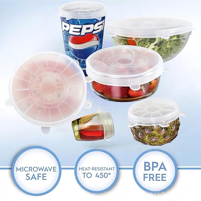 6 sizes Silicone Stretch Lids and Seal Lids,Reusable Elastic Heat-Resistant Bowl Covers,Used for food storage,for cups,bowls jars,for ound & Rectangle Container (6-Piece Set）