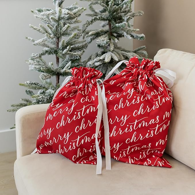 Gather & Knot Drawstring Christmas Gift Bags | 20" Large 16" Medium | Premium Canvas | Reusable Fabric Wrap for Holidays | Mix & Match | Red Merry Christmas