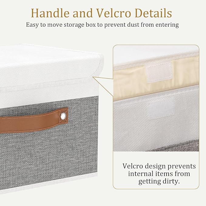 OUTBROS Collapsible Storage Cubes with Lid, Linen Fabric Wardrobe Baskets, Large Box For Towels, Clothes, 15 x 9.8 x 9.8 inch (White/Grey, 1-Pack)