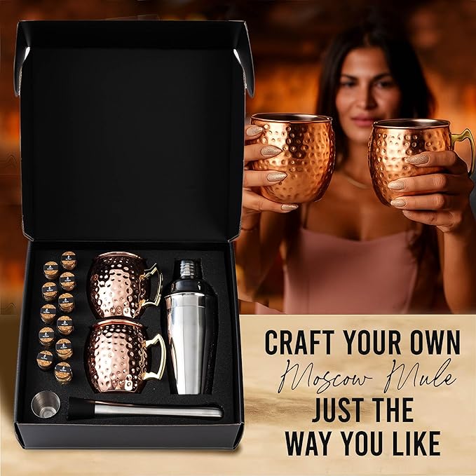 Moscow Mule Kit Gift Set - 2 Copper Moscow Mule Mugs - 11 Botanicals - Stainless Steel Shaker & Jigger - Mudder - Recipe Book -Cocktail Kit - Basket Gifts for Women - Unique Accessories for Infusion