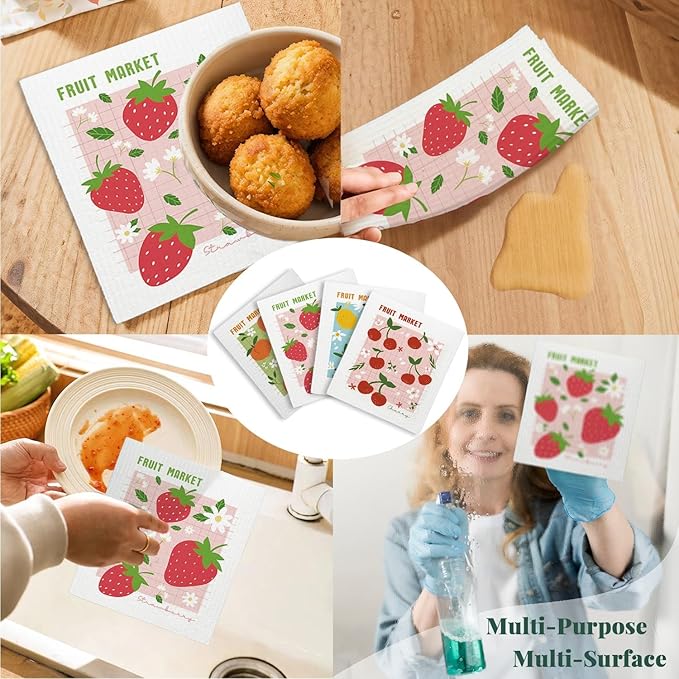 Swedish Dishcloths for Kitchen, Pink Strawberries Peach Cherry Lemon Swedish DishCloths for Friut Market, 4 Pack Dish Towels for Kitchen, Papaya Reusable Paper Towels Washable