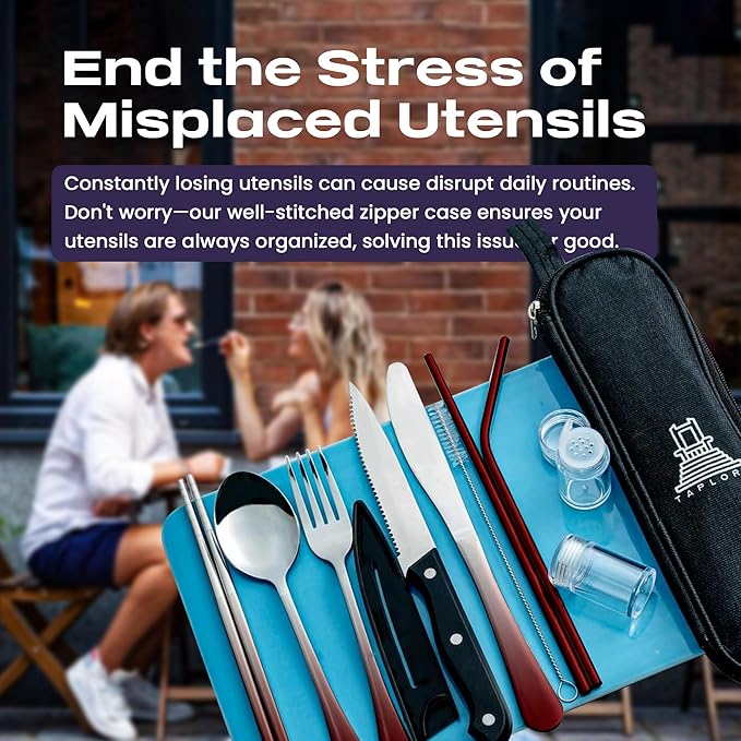 Portable Travel Silverware Set With Case - Includes 10 Pcs of Utensils, Stainless Steel Flatware For Camping, Easy to Travel, Lightweight (Red Two Tune)