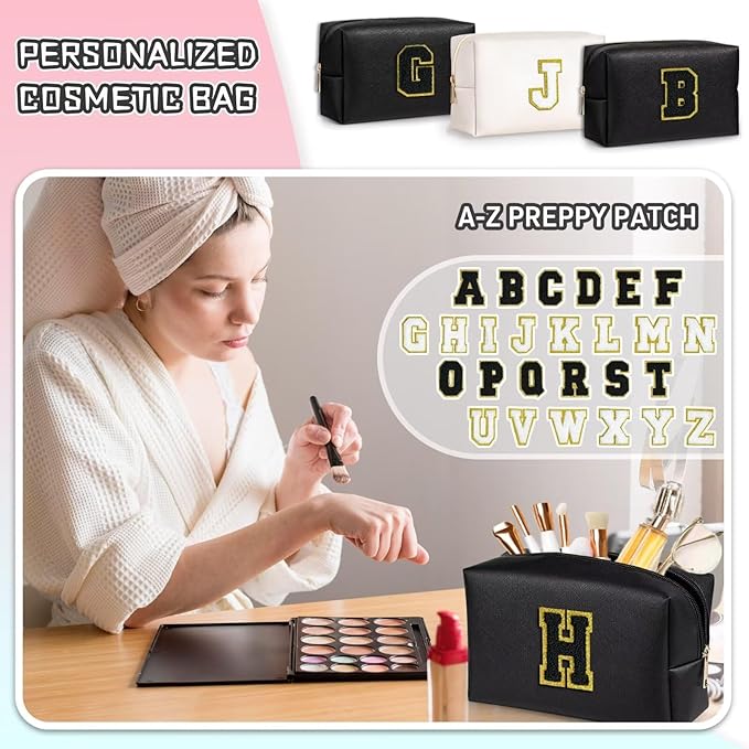 TOPEAST Initial Cosmetic Bag, PU Leather Waterproof Travel Toiletry Bag, Monogrammed Gifts for Women, Personalized Birthday Gift for Sister Friends, Cute Stuff for Girls (Black K)
