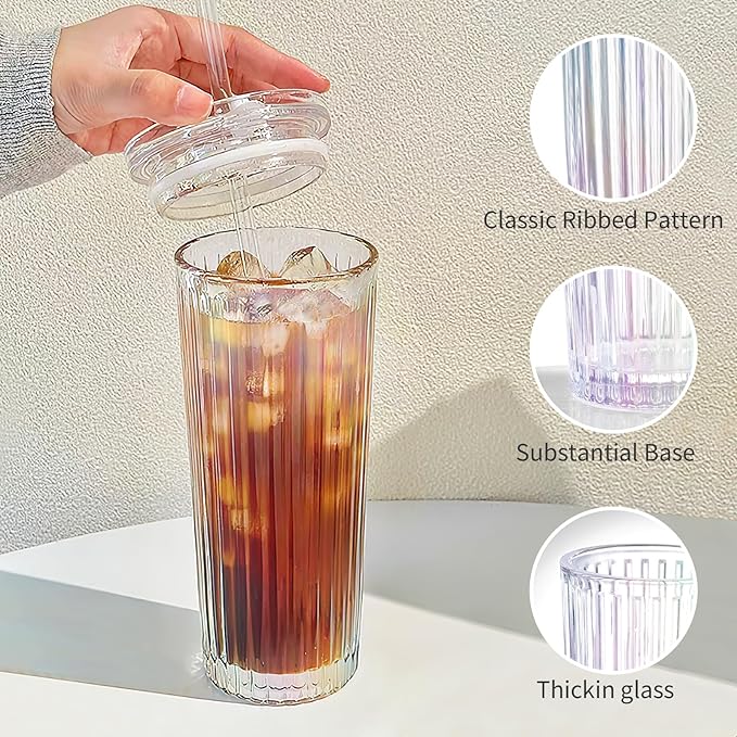 Puraville 2 Pack 18oz Glass Cups with Lids and Straws, Vintage Ribbed Striped Glacier Pattern Thickened Glassware for Whiskey Cocktail Beer, Mason Jar Drinking Glasses Tumbler Iced Coffee Cup, Rainbow