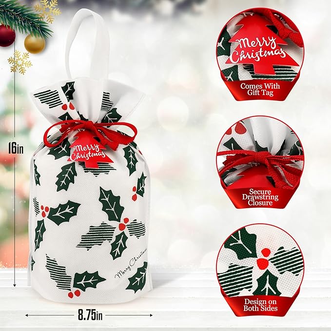 Fabric Gift Bags for Christmas Presents – Set of 6 Large Reusable Drawstring Bags with Festive Holly Design – Christmas Bags for Gifts – Perfect for Gift Wrap and Holiday Giving (Holly)