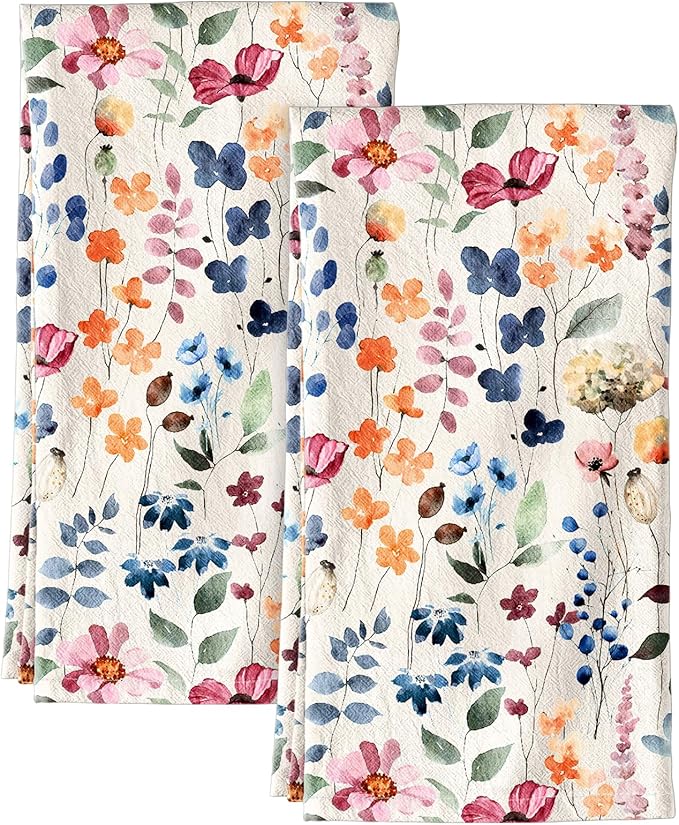 Flour Sack Kitchen Towels Set of 2-18x26 Cotton Dish Towels with Hanging Loop Reusable Tea Towel for Cleaning Spring Absorbent Dishcloths Cute Home Decor Housewarming, Watercolor Flower