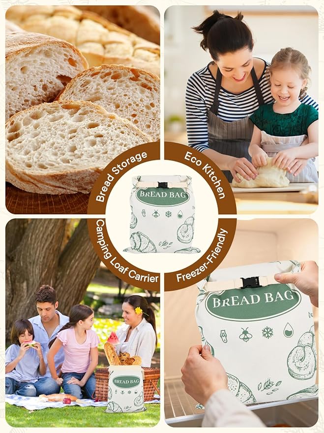 2 Pack Beeswax Bread Bags with Zipper Reusable Bread Storage Bags for Homemade Bread Sourdough Large Cotton Baguette Bag with Liner Freezer Storage Bag to Keep Fresh Kitchen Baking Supplies