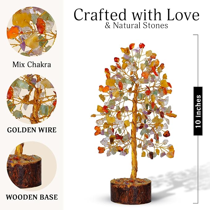FASHIONZAADI Gemstone Money Tree Reiki Healing Chakra Balancing Handmade Bonsai Trees Spiritual Gift Aura Cleansing Good Luck Home Decor (Mix Chakra Golden Wire)