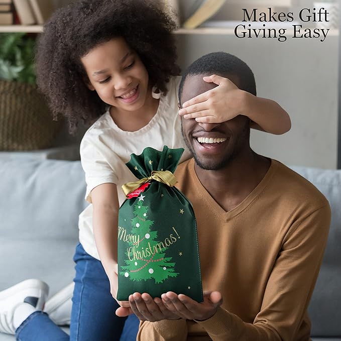 Fabric Gift Bags for Christmas Presents - 6 Pcs Christmas Gift Bags with Drawstring, Large Reusable Drawstring Bags for Gifts (Green Tree)