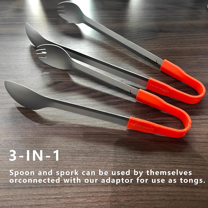 3 in1 Titanium Ultralight Cutlery Set, Long Handle Spoon and Spork, Camping tong, Travel Utensils with Bag (16CM)