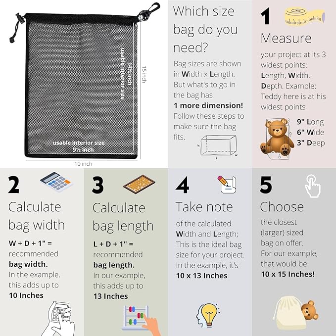 PALTERWEAR Mesh Drawstring Bag With Clip and Toggle Closure - For Water Sports, Hiking, Clamming - Multi-Use Set of 4 (Black, 10 x 15 inch)