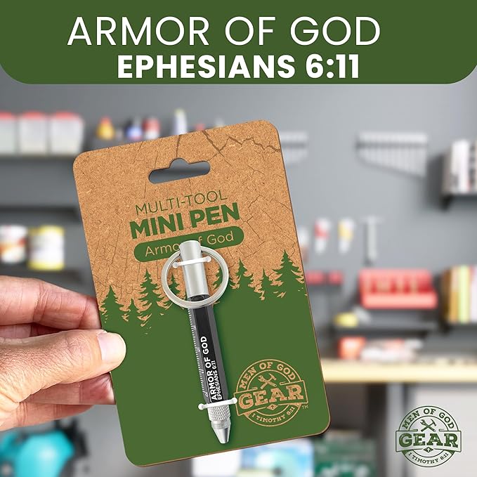 5-in-1 Mini Multitool Pen - Armor of God, Eph 6:11 Scripture - Dual Sided Mini Tool Keychain w/Ball Point Pen, Cm Ruler, Screwdriver Bits & More - Christian Pocket Tools For Men