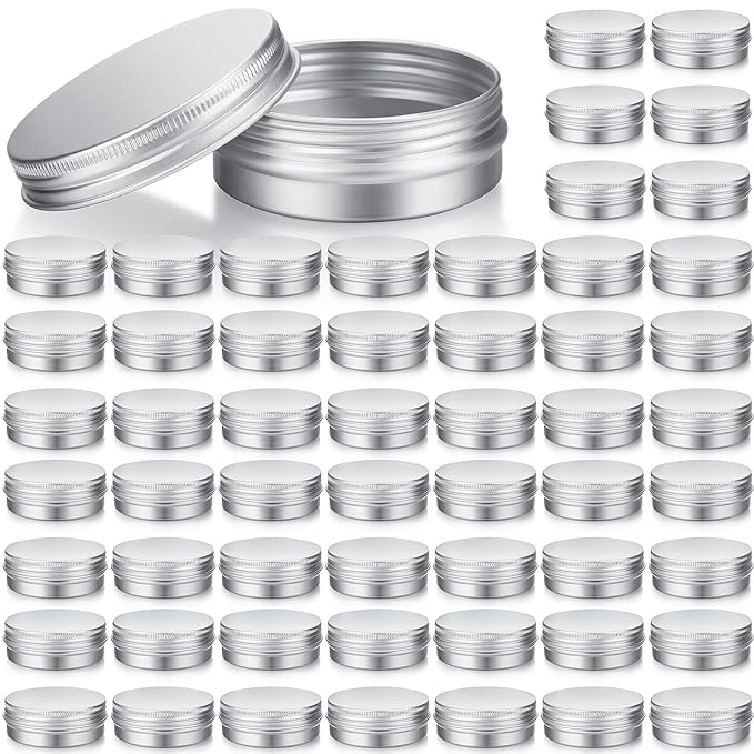 Patelai 64 Pieces Lip Balm Tin Containers Screw Top Round Tin Cans Aluminum Jar with Screw Lid, Empty Bottle Travel Cosmetic Sample Container for DIY(2 oz,Silver)