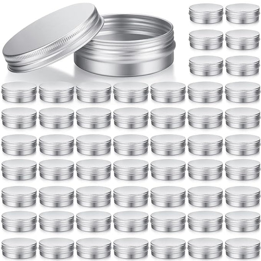 Patelai 64 Pieces Lip Balm Tin Containers Screw Top Round Tin Cans Aluminum Jar with Screw Lid, Empty Bottle Travel Cosmetic Sample Container for DIY(2 oz,Silver)