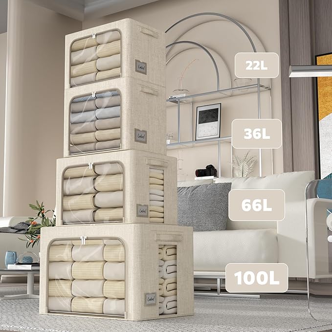 FHSQX 6 Pack Clothes Storage Bins with Metal Frame Foldable Storage Bins for Clothes Linen Fabric Storage Box with Clear Window (Beige, 15.7x11.8x11.8inch(36L))