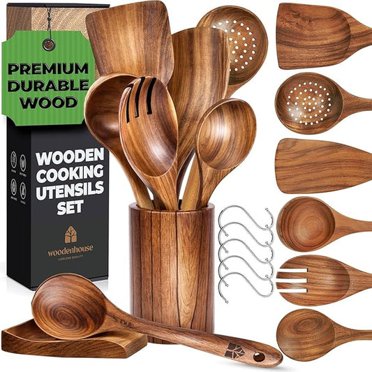Wooden Utensil Set 8 Pcs – Sturdy & Easy to Clean, Natural Teak Wooden Spoons for Cooking – Non-Scratch Cooking Utensils with Spatula, Turner, Ladle, Spoons, Holder, Spoon Rest, 6 Hooks Kitchen Gifts