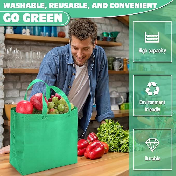 Windyun Reusable Grocery Bags Large Non Woven Shopping Bags with Handles Foldable Portable Tote Bulk, 12.6 x 11.8 x 6.3 Inch